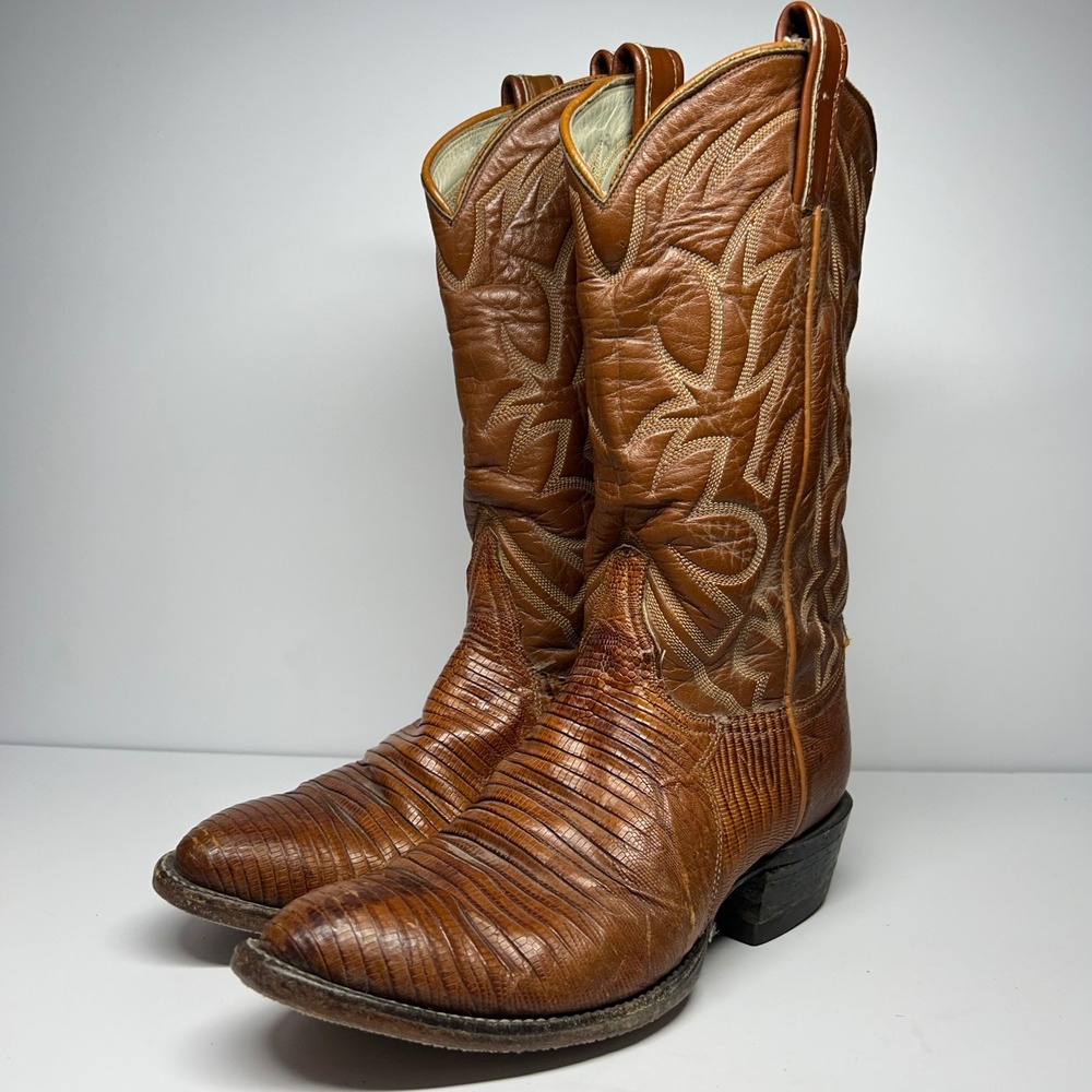 Tony Lama Lizard Skin Cowboy Boots Brown Mens Size 7 Vintage Western Pointed Toe